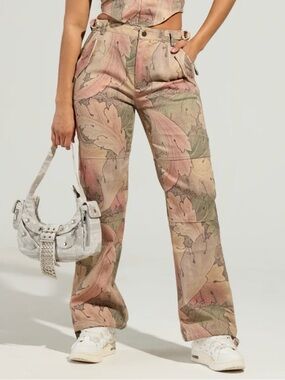 AKIRA Floral Camouflage Wide Leg Pants in Tan and Sage